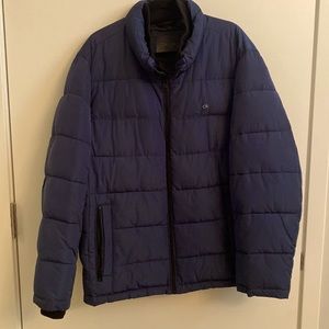 Calvin Klein, XL, puffer jacket coat; blue with black accents